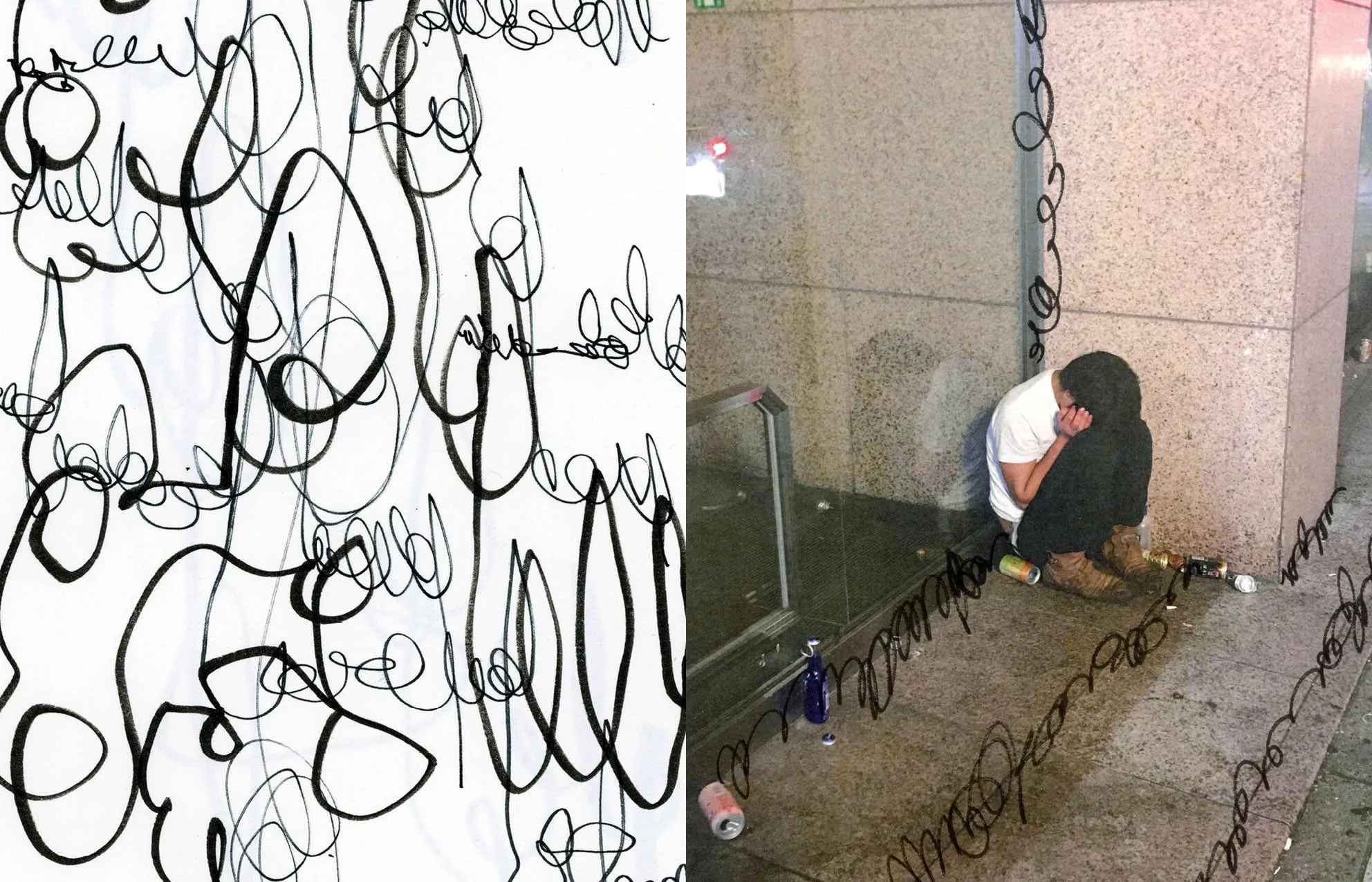 Spread with black ink scribbles on white, next to a photo of a person crouched against a wall, scribbled over