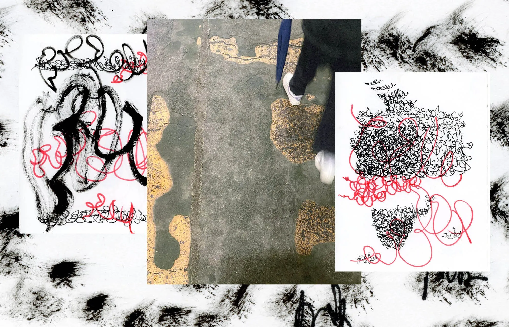 Book spread collage of worn yellow-marked asphalt with a walking foot, between black and red ink scribbles
