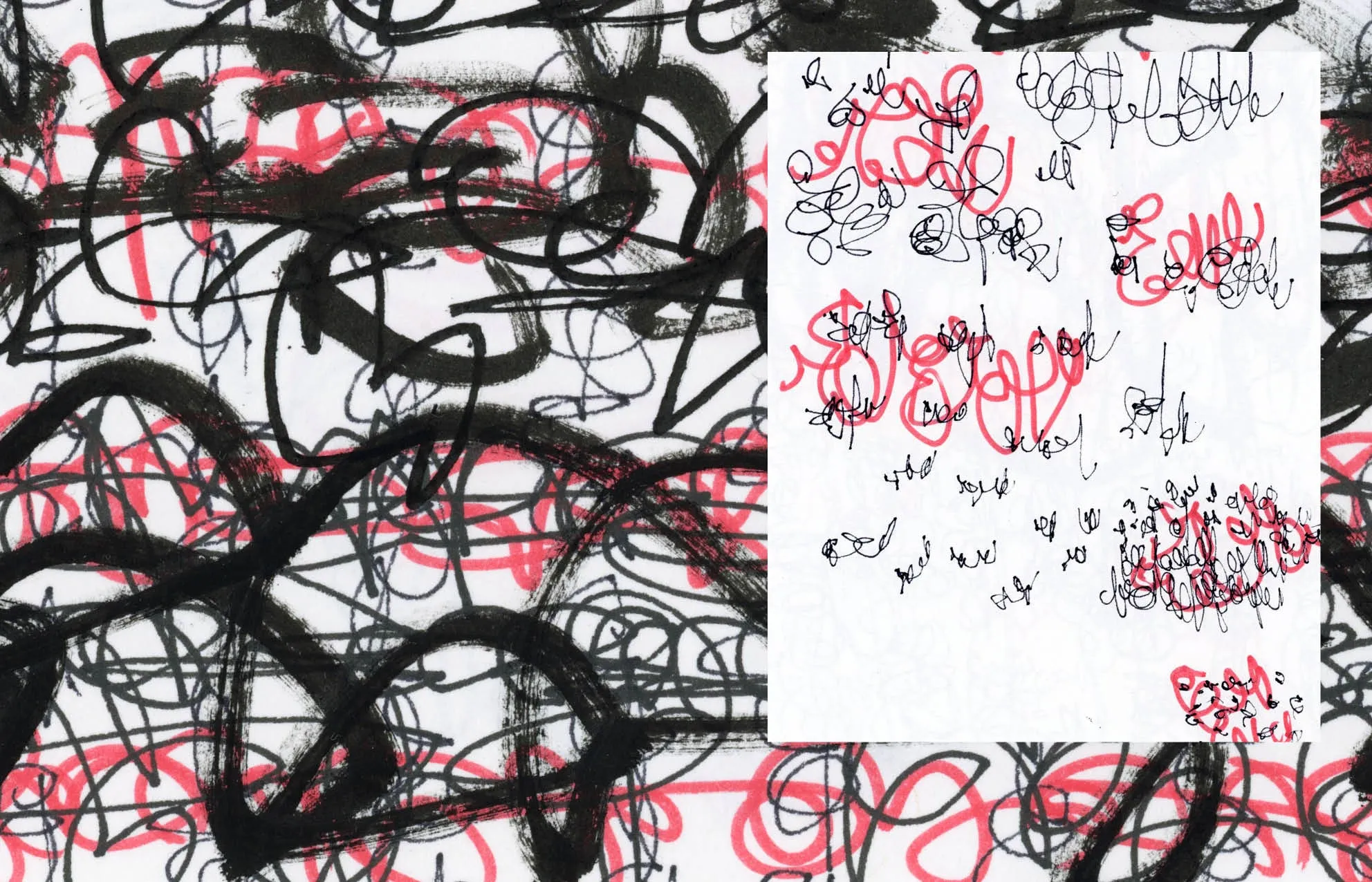 Book spread filled with black brush and red marker scribbles, with a white page of small scribbles