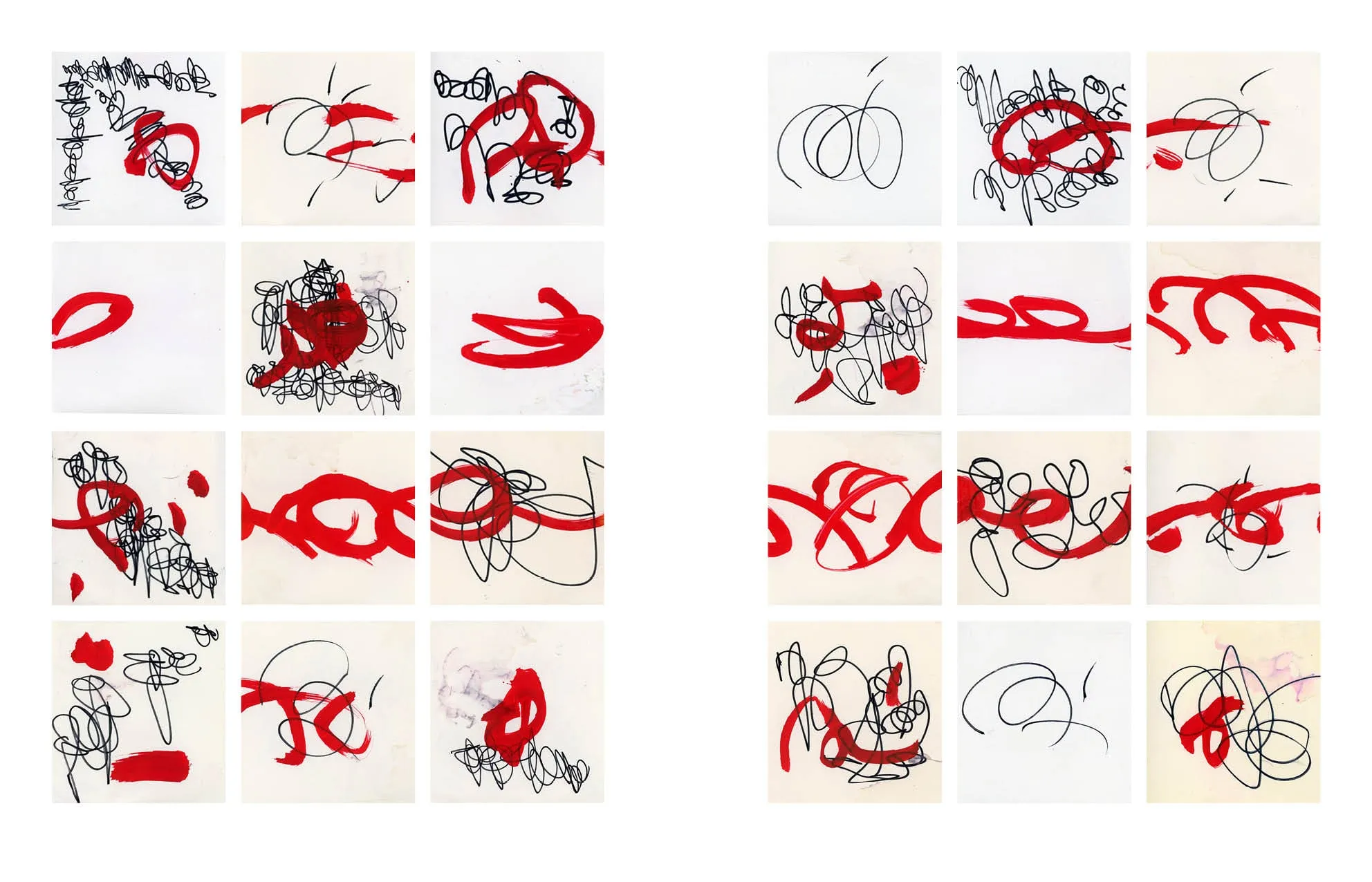 Book spread with a grid of twenty-four small squares of red paint and black pen scribbles