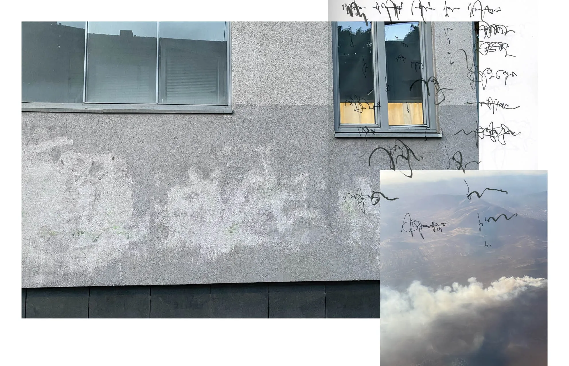 Book spread with a painted-over graffiti wall, an aerial view of smoke and mountains, and handwritten asemic marks