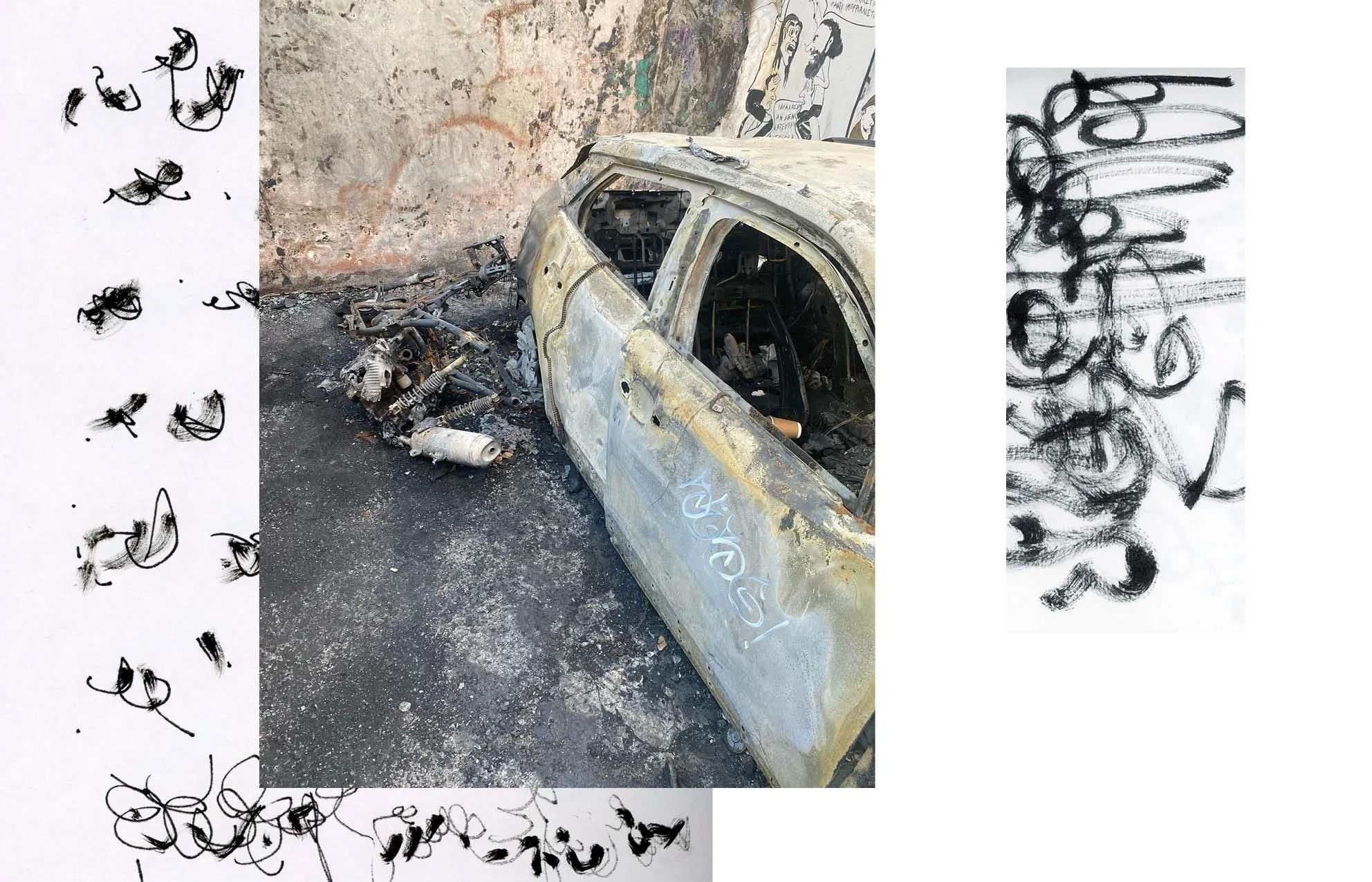 Book spread with a burnt-out car and scooter wreck framed by black ink brush marks