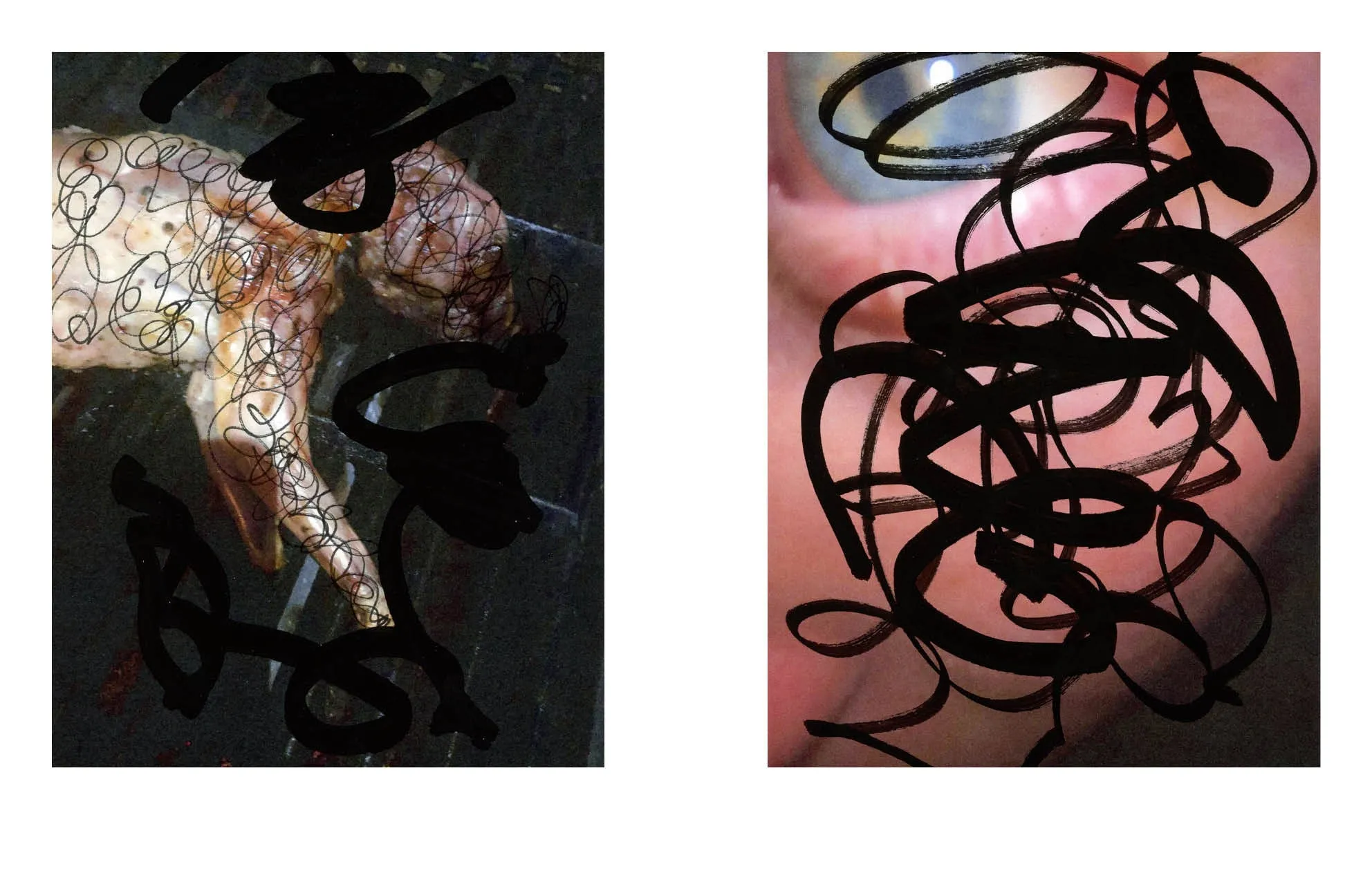 Book spread with a grilled chicken photo and a close-up face, both overdrawn with thick black scribbles