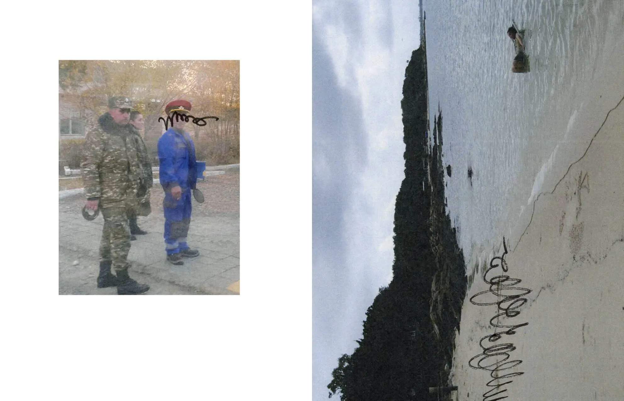 Book spread with a photo of soldiers and a man in blue overalls, and a sideways beach photo with scribbles