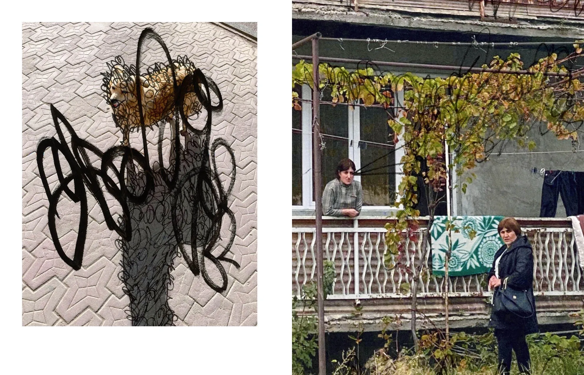 Book spread with a dog on patterned paving and two women by a vine-covered porch, drawn over with black scribbles