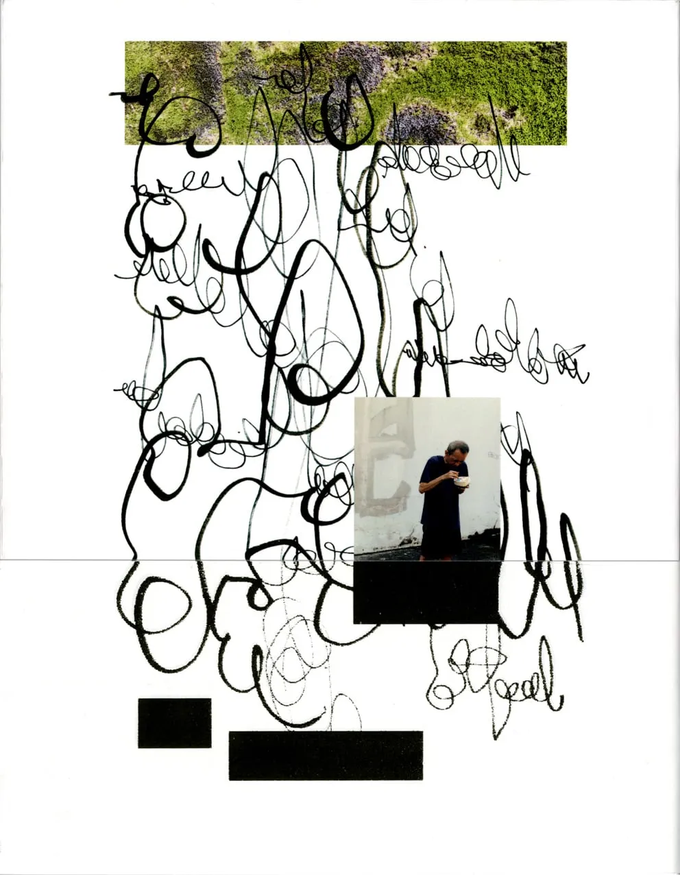 Back cover of Alt snakker with black ink scribbles, a moss photo, a small photo of a man eating and black blocks