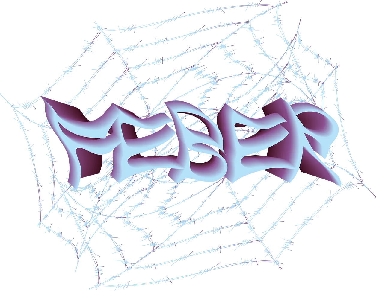 FEBER logo in purple-to-blue gradient graffiti-style lettering over a pale blue spider web