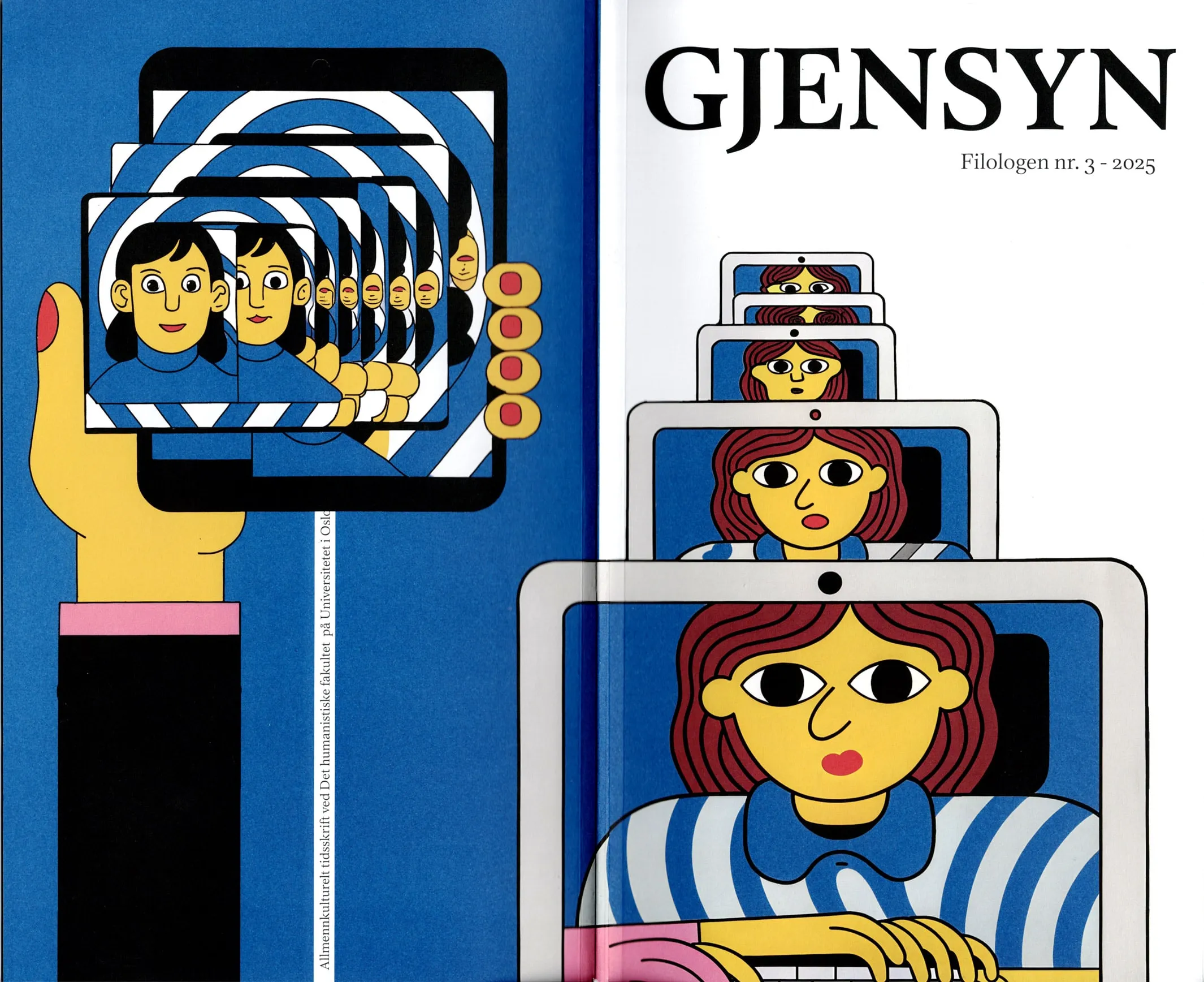 Cover of Filologen 3/25 titled Gjensyn with blue illustration of a woman repeated in nested screens