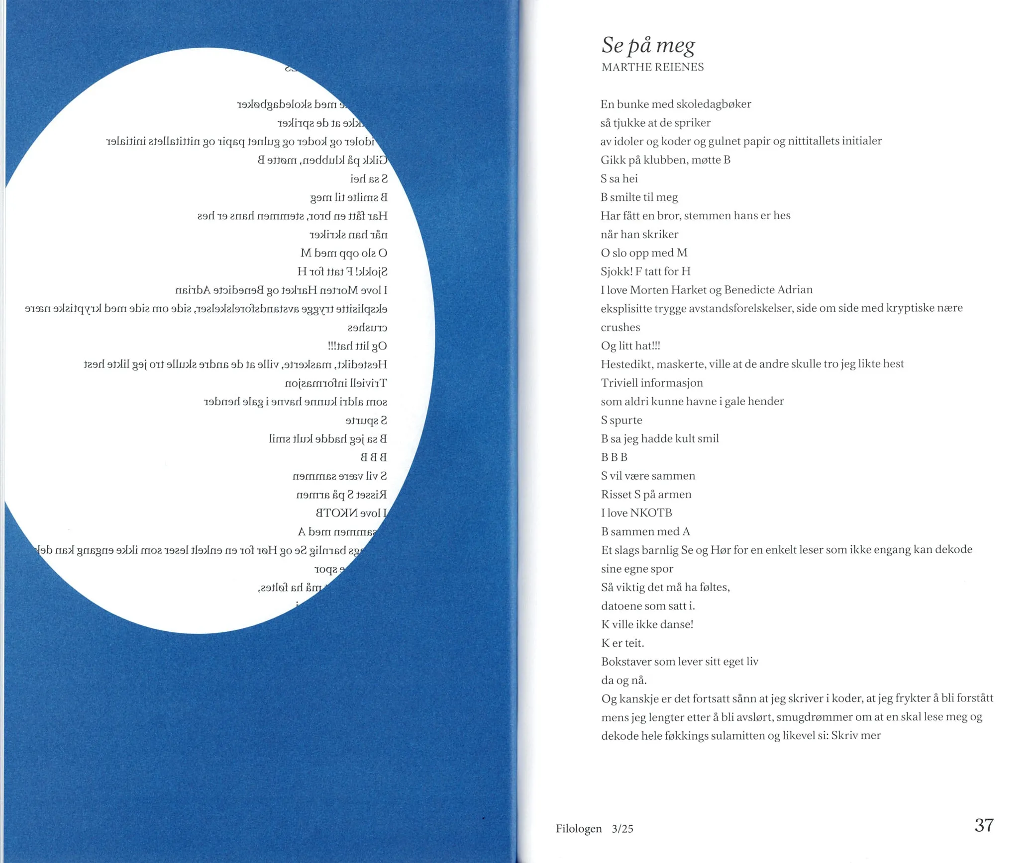 Filologen 3/25 spread with a mirrored poem in a white circle on blue, facing the poem Se på meg