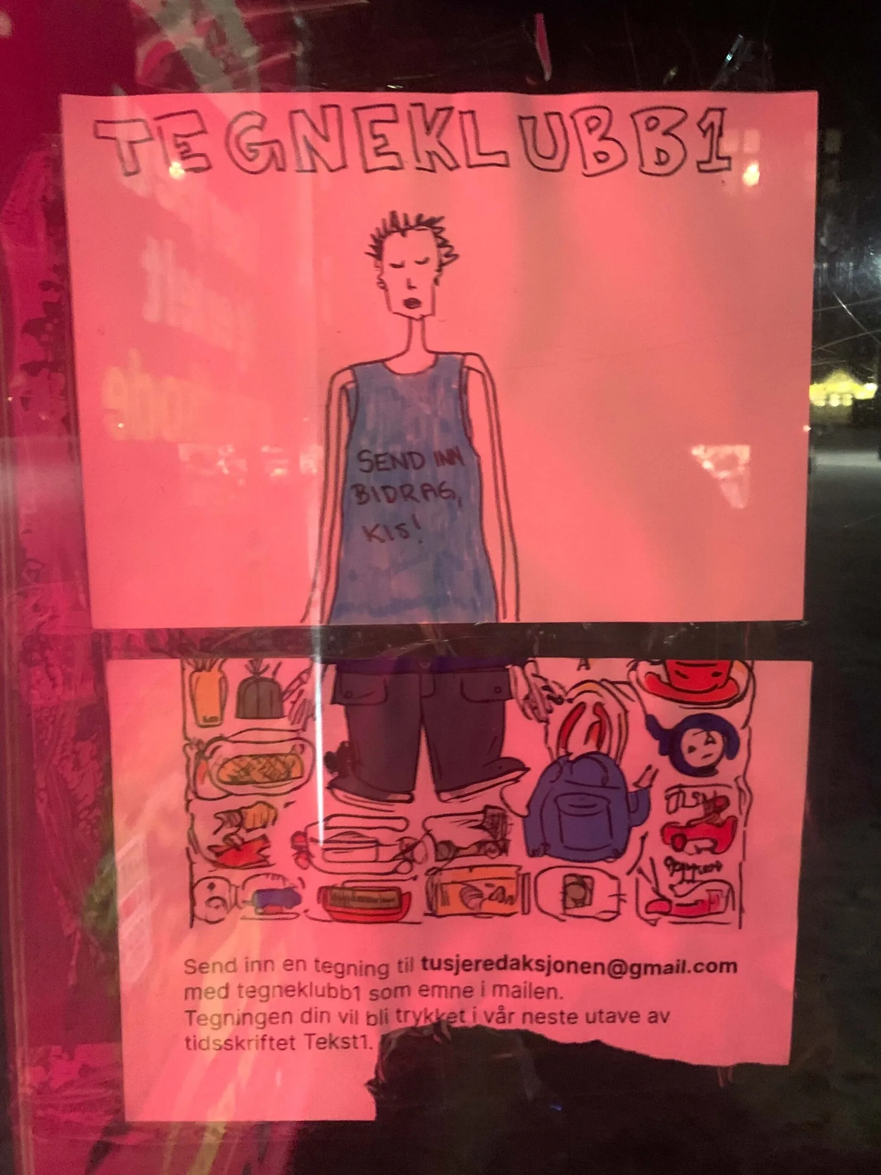 Pink Tegneklubb1 poster showing a drawn figure in a blue top, with a call to send in drawings