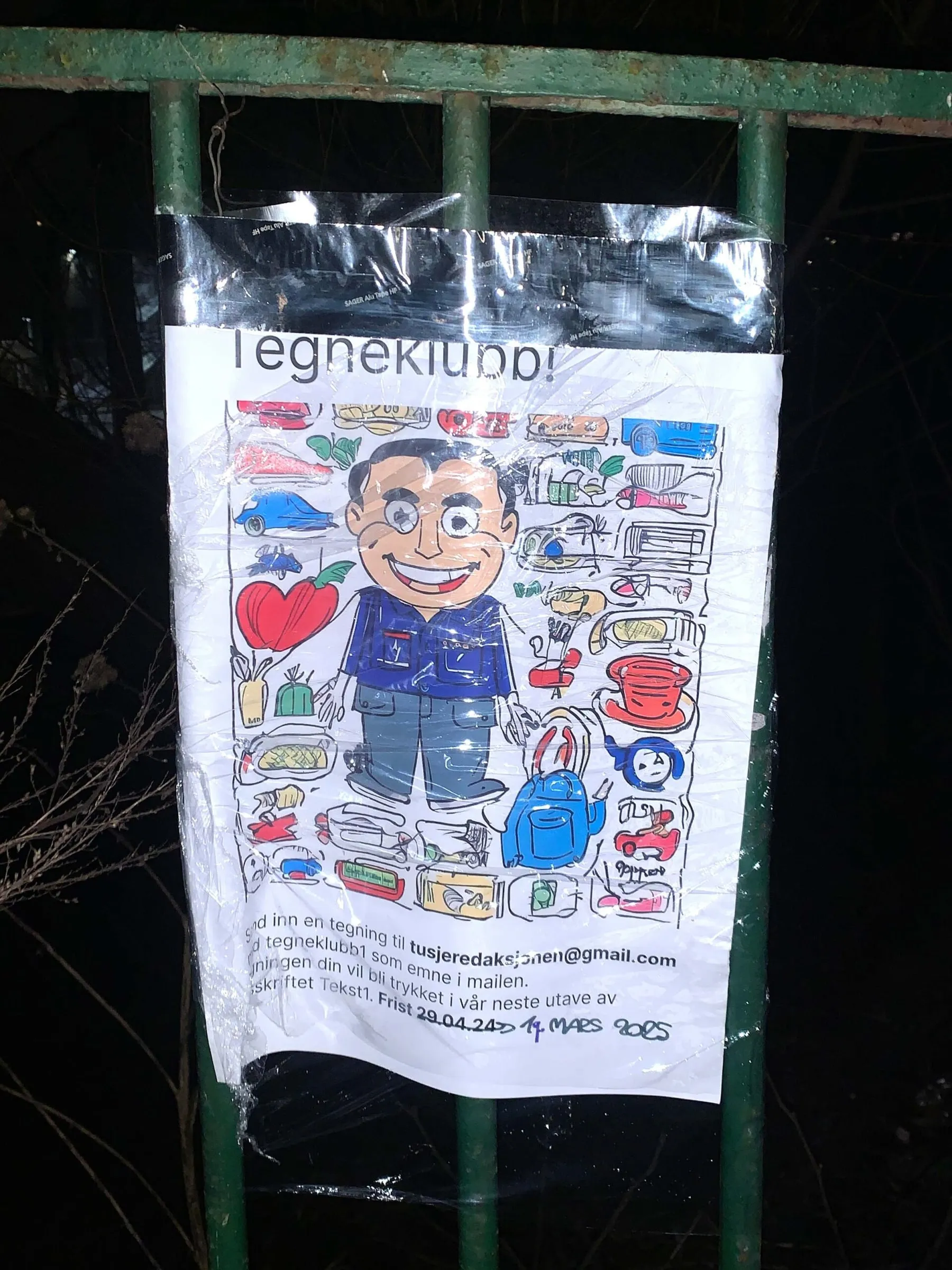 Tegneklubb flyer with a drawing of a shouting man, and a block of QR codes below, on a notice board