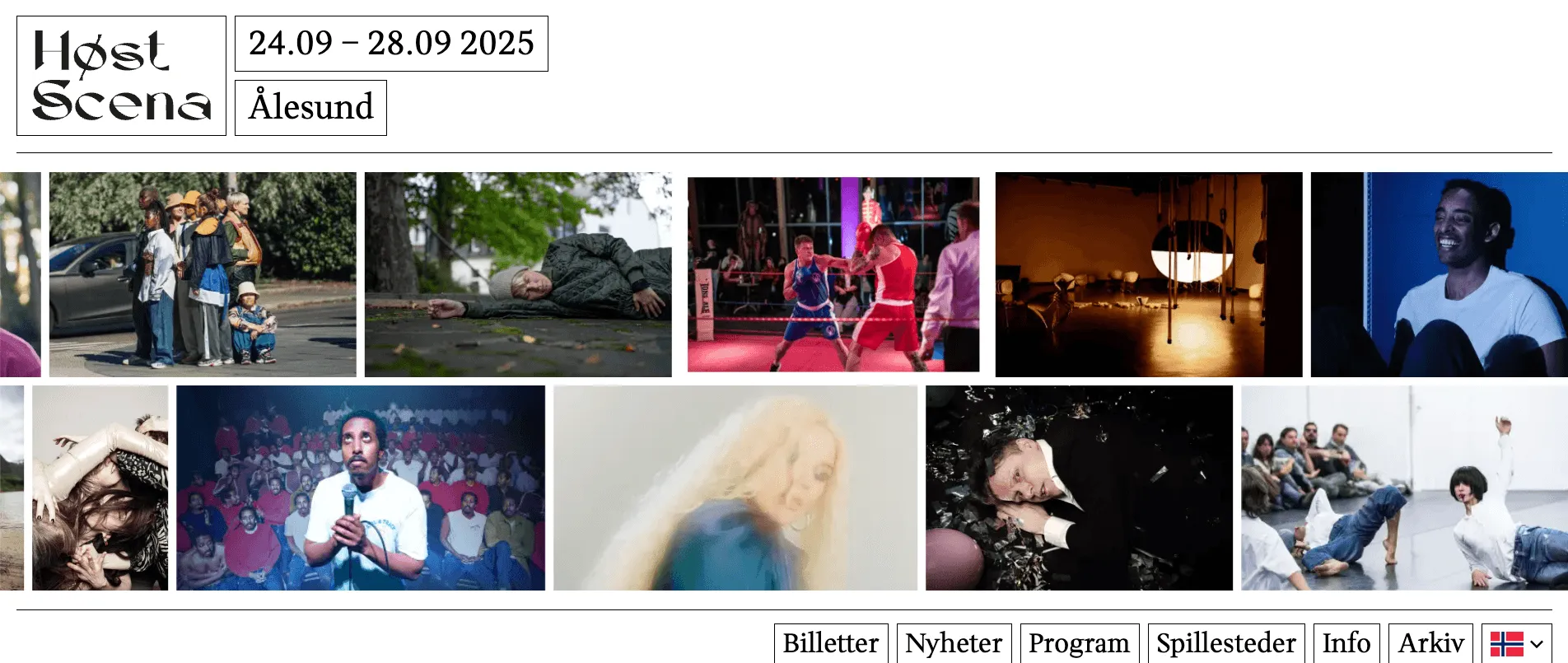 Høstscena website header with logo, dates 24.09 to 28.09 2025 in Ålesund, and a grid of performance photos