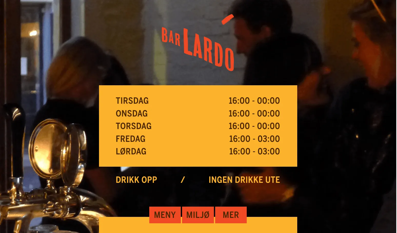 Visit barlardo.no: Bar Lardo website screenshot with opening hours and a beer tap and blurred guests in the background