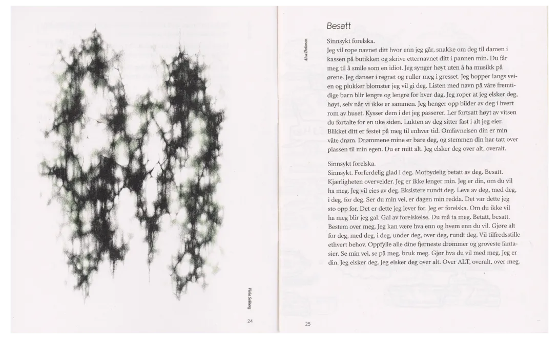 Tekst1 magazine spread with an abstract black ink image beside a poem titled Besatt