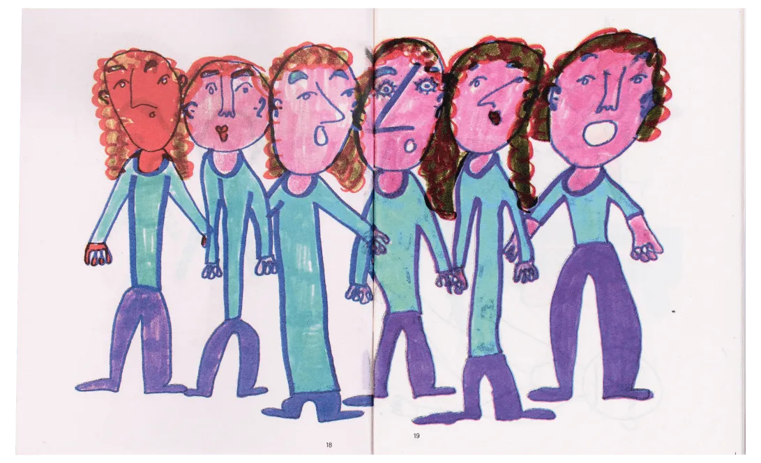 Magazine spread with a child-like drawing of six people with colourful faces and blue-green sweaters