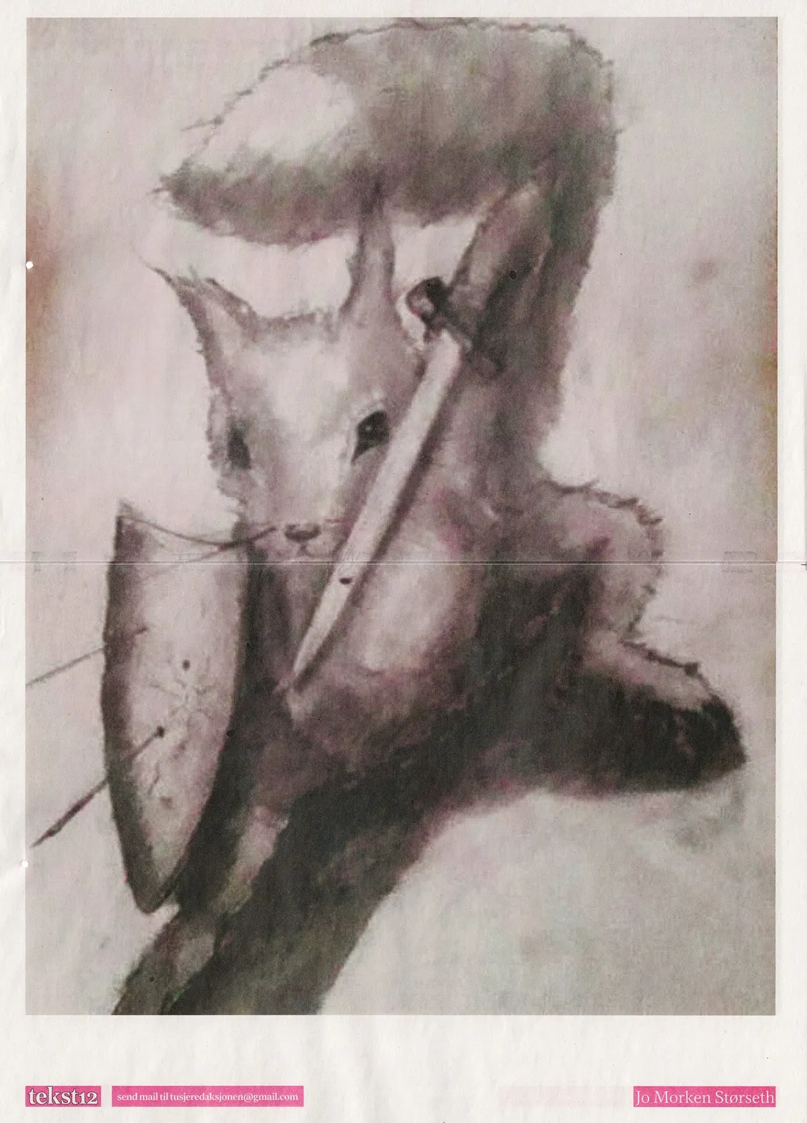 tekst12 page with a soft grey watercolor of a squirrel holding a sword, by Jo Morken Størseth