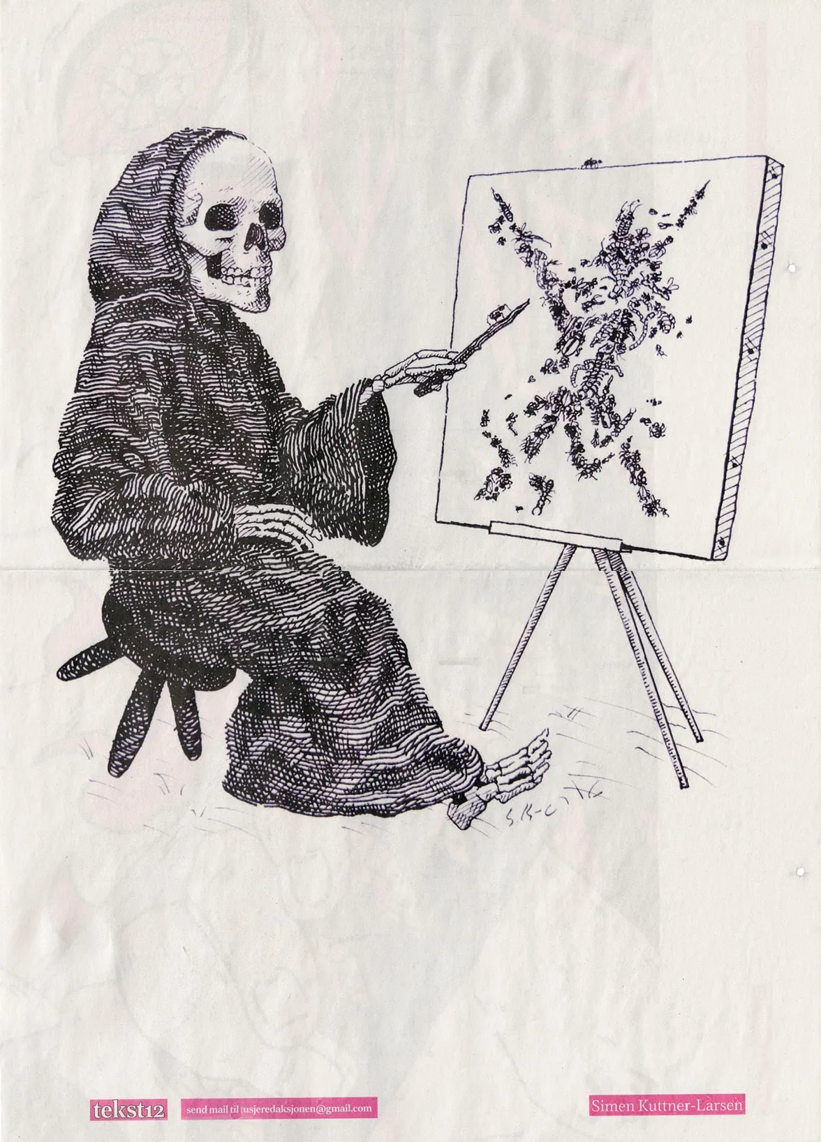 Tekst12 page with a black-and-white engraving of a skeleton in a robe painting insects on a canvas