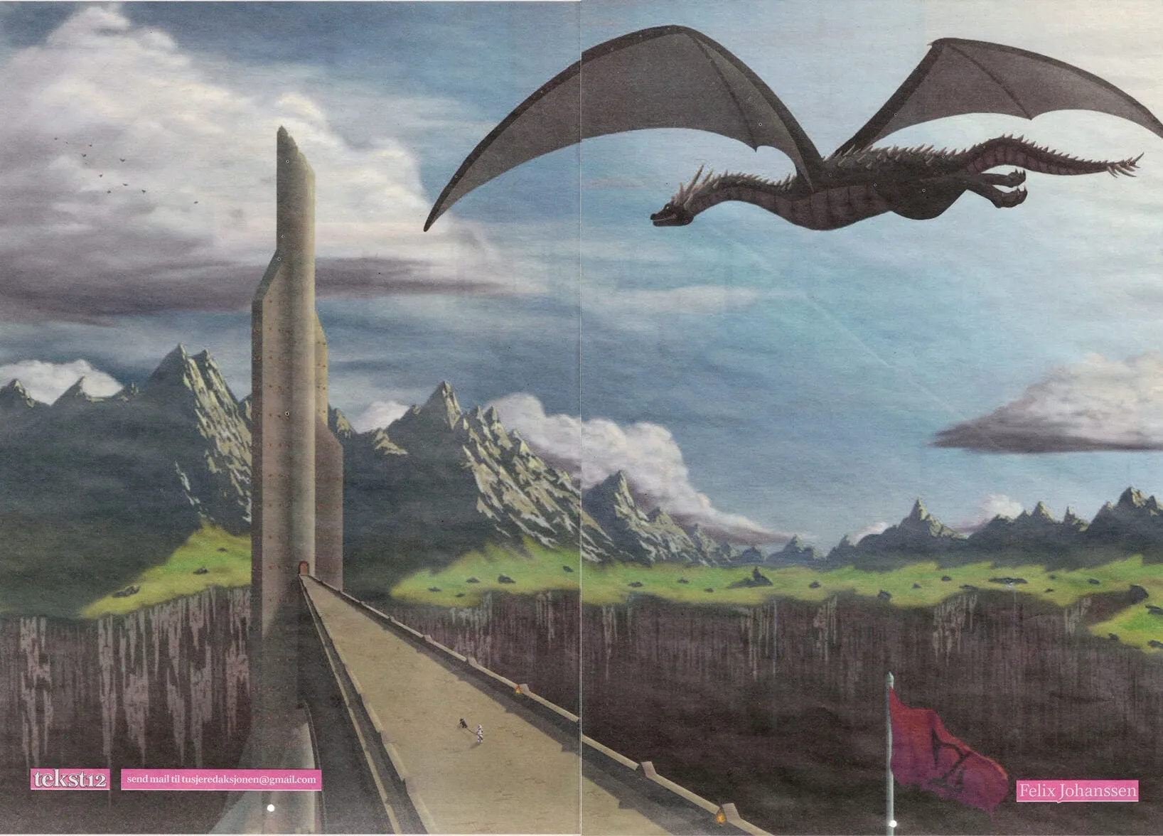 tekst12 spread with a painted fantasy landscape: a tall tower, a bridge, mountains and a flying dragon, by Felix Johanssen