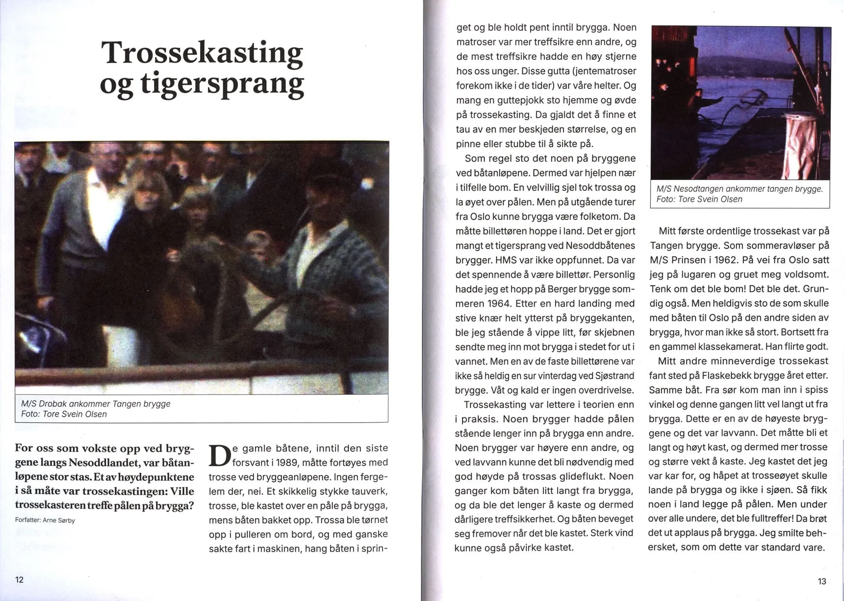 Signalen magazine spread with the article Trossekasting og tigersprang and photos of ferries at piers