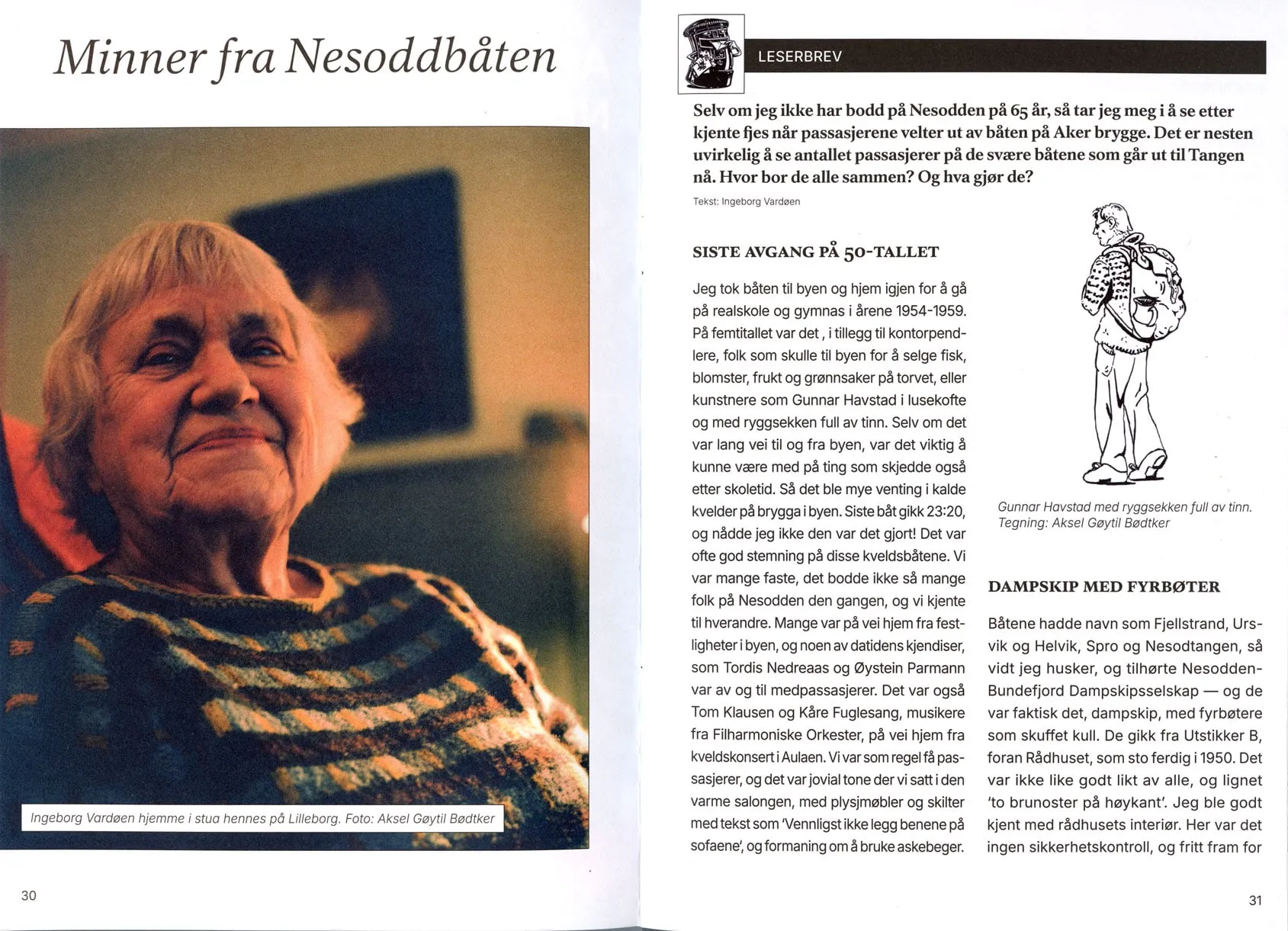 Signalen magazine spread 'Minner fra Nesoddbåten' with a portrait of an elderly woman and a letter with a drawing of a man with a backpack