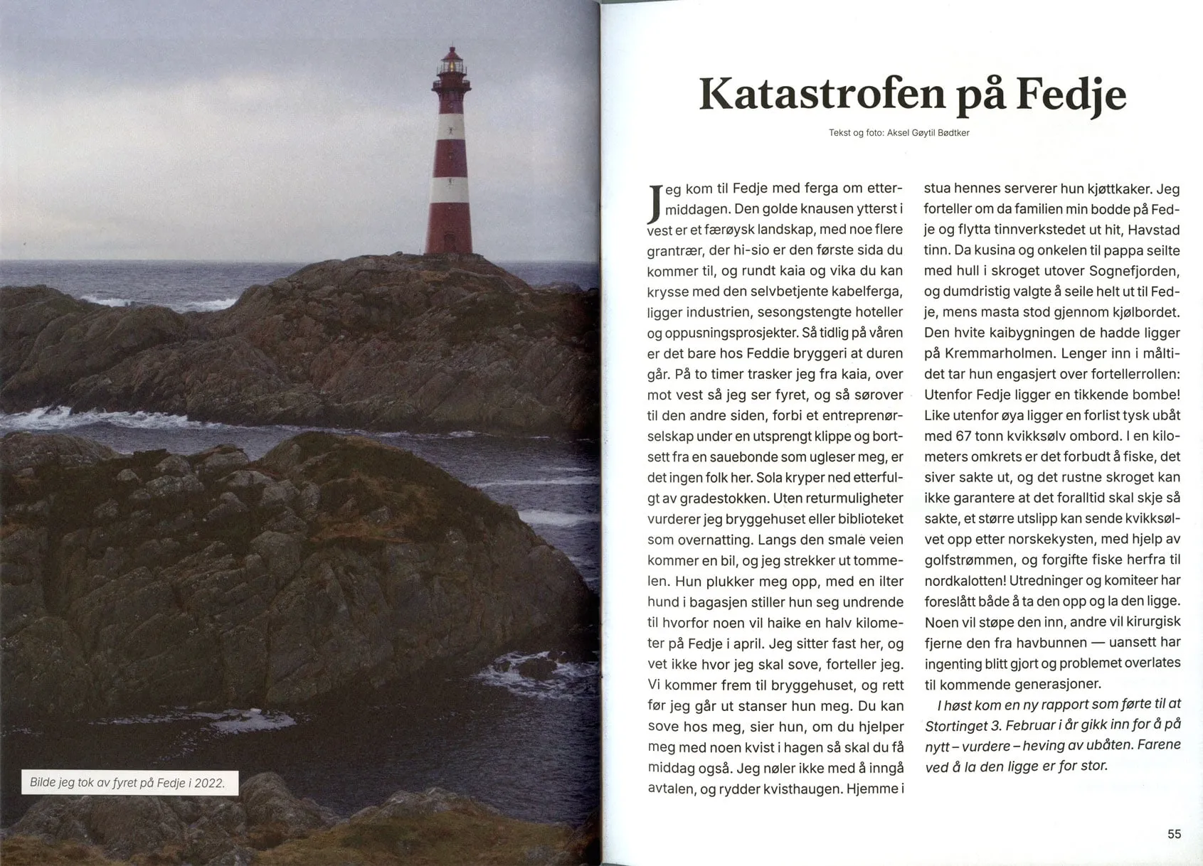 Signalen spread with a red-and-white lighthouse on rocky coast beside the article Katastrofen på Fedje