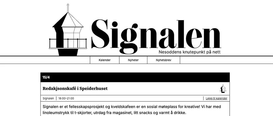 Signalen website header with a lighthouse illustration, black serif logo and event listing
