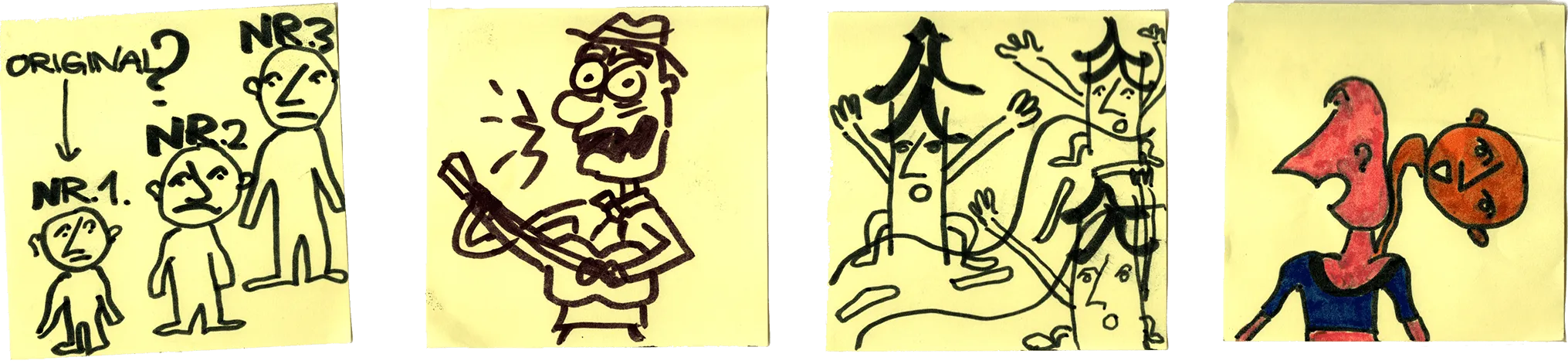 Four hand-drawn cartoons on yellow sticky notes, including three figures and a shouting guitarist