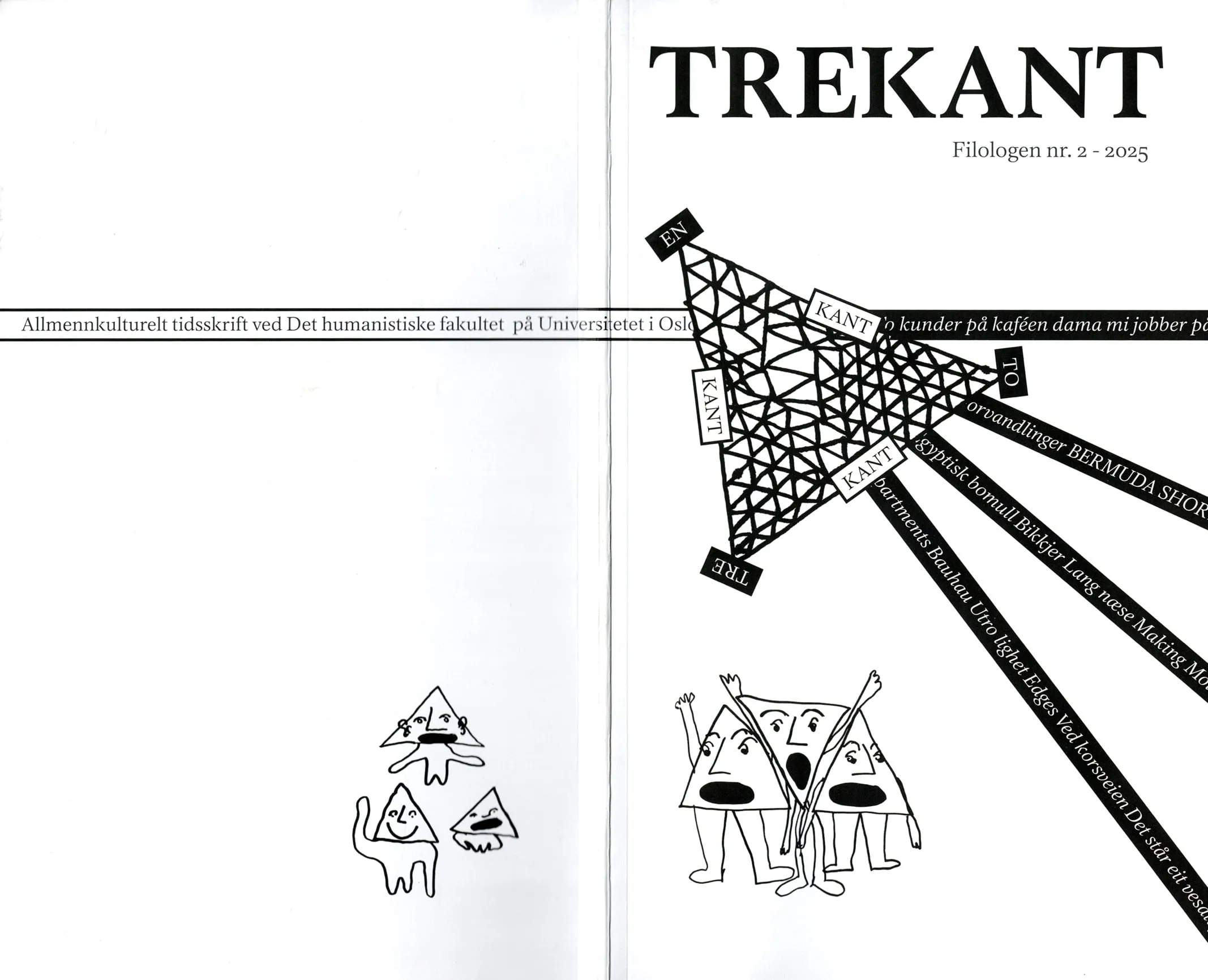 Cover of Filologen 2/25 'Trekant' with black lettering, a lattice triangle and small drawn triangle characters