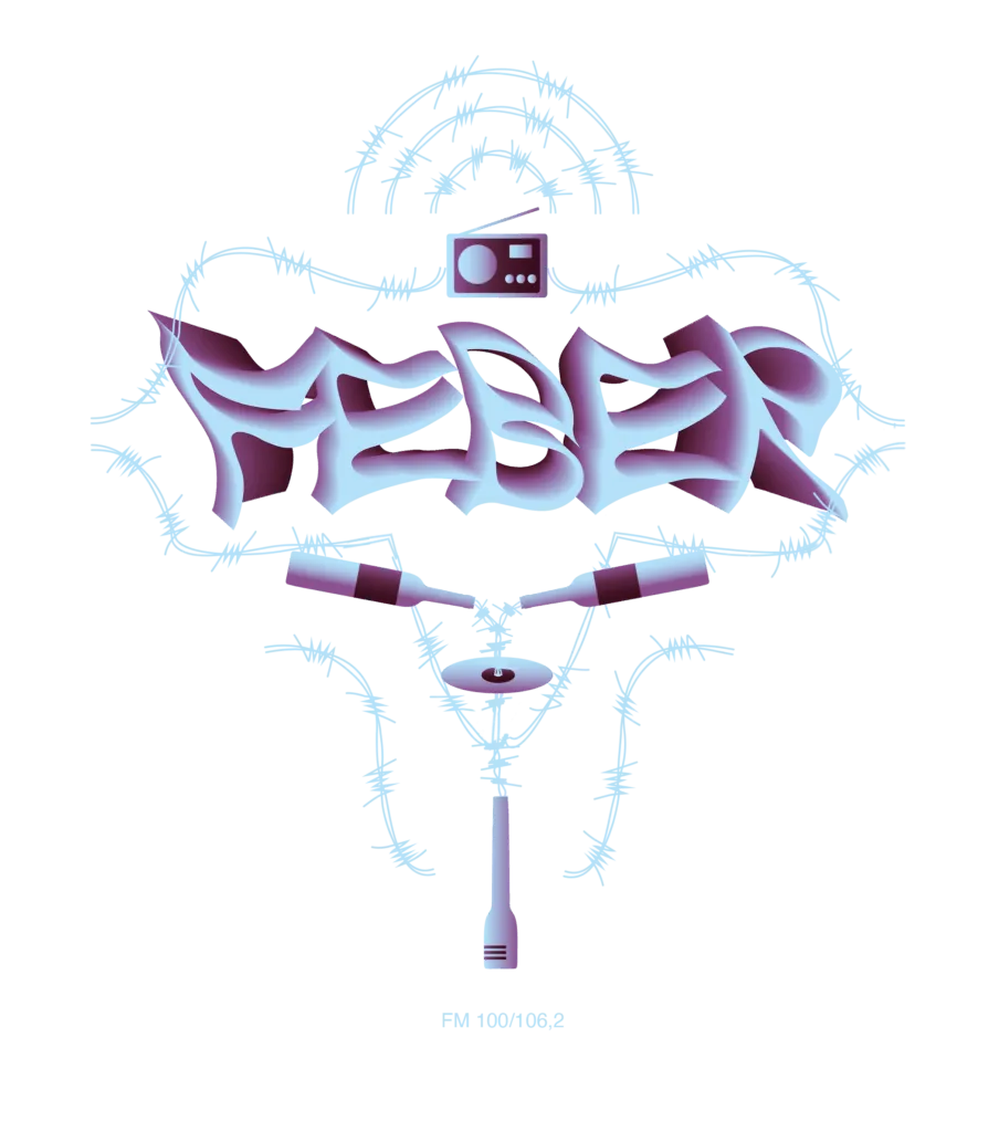 FEBER FM 100/106,2 t-shirt print: purple graffiti lettering with a radio, bottles, a record and a microphone in barbed wire